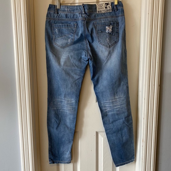 Woman Streetwear Cartoon mouse Denim Jeans Ripped Distressed Slim Fit Zipper - L - Picture 3 of 14